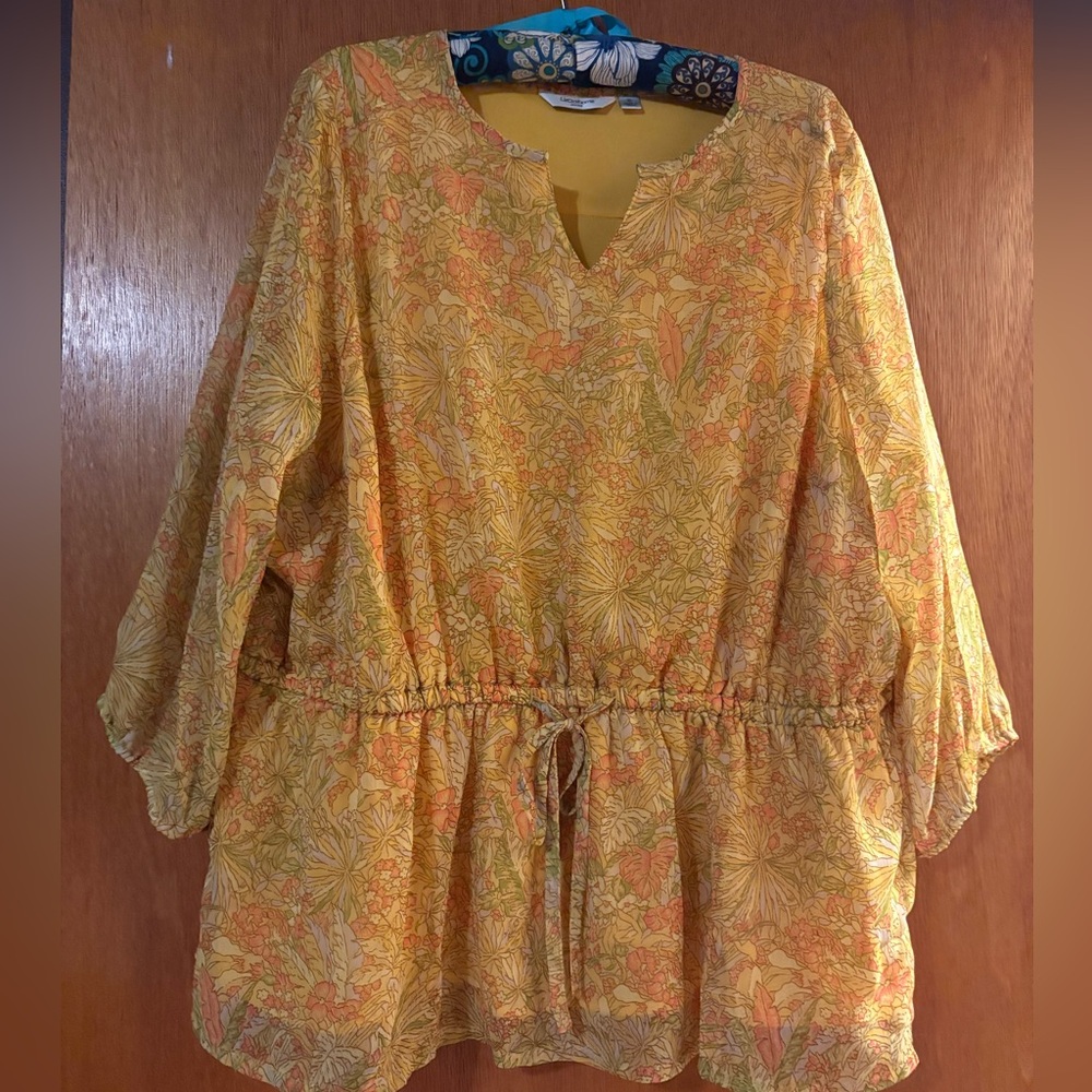 Liz Claiborne Yellow Spring 3/4 Sleeve Tie Front Tunic